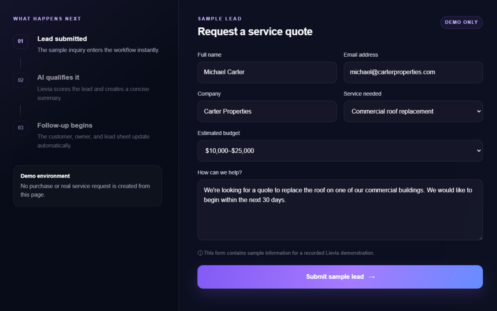 Website inquiry form filled out by a customer requesting a service quote