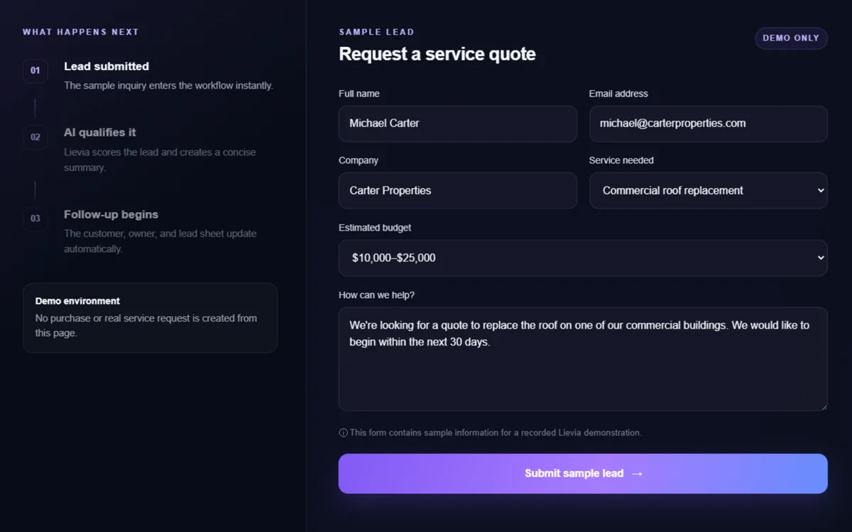 Website inquiry form filled out by a customer requesting a service quote